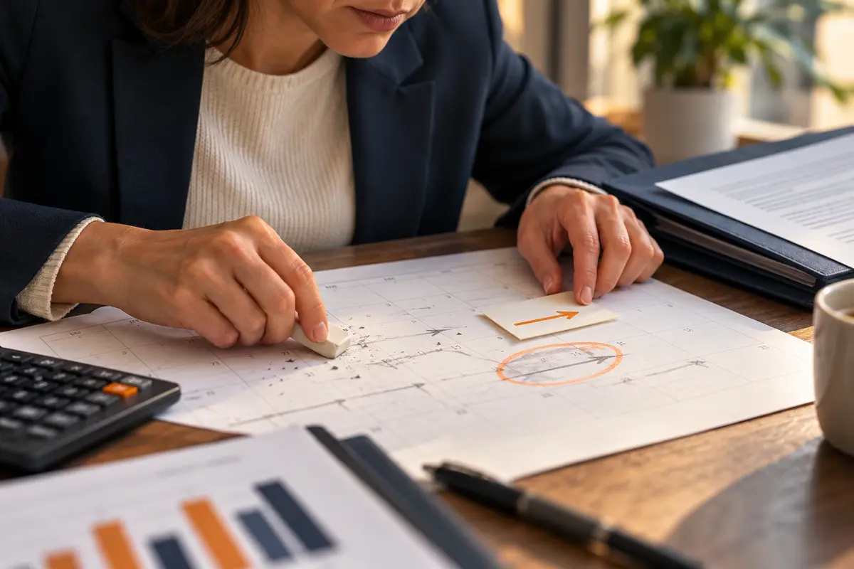 A finance analyst reviewing overlapping forecast drafts with a pencil at a naturally lit desk, concentration, paper charts without legible text.