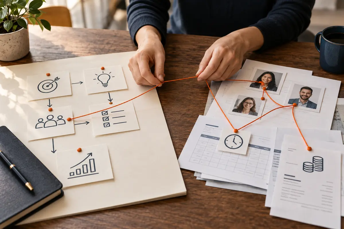 Delivery manager comparing two large paper maps on a desk, one detailed task plan and one connected business workflow, thoughtful evaluation.