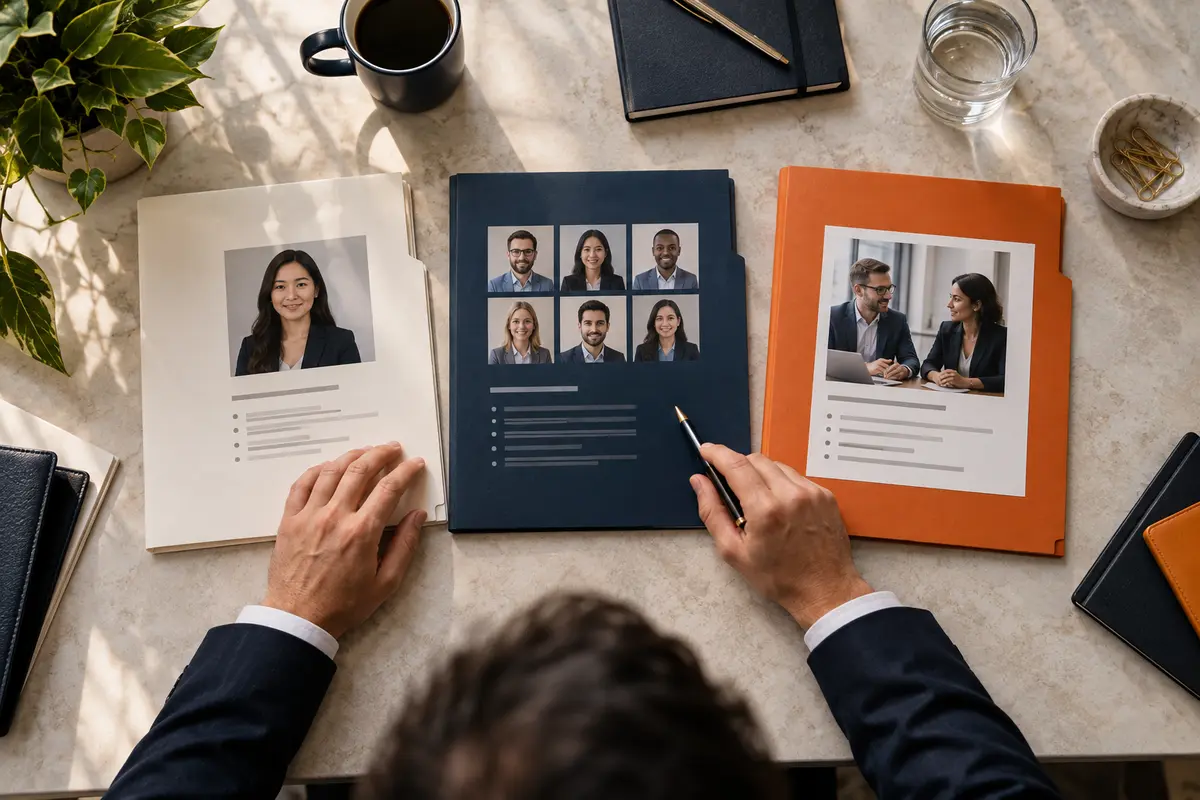 Hiring manager and two team leaders comparing three candidate and staffing folders on a desk, people considering alternatives, close candid scene.